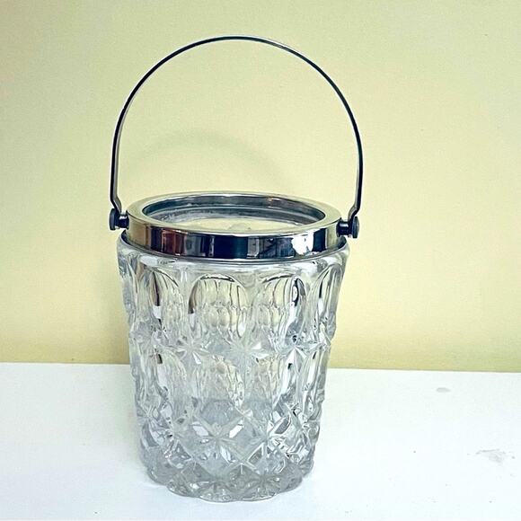 Vtg William Adams Cut Glass Crystal Ice Bucket Silver Plate Thumbprint Italy - Picture 2 of 12